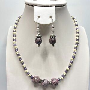 Artisan Purple Gray Jasper Gemstone Seed Bead Necklace Earrings Set Silver Tone